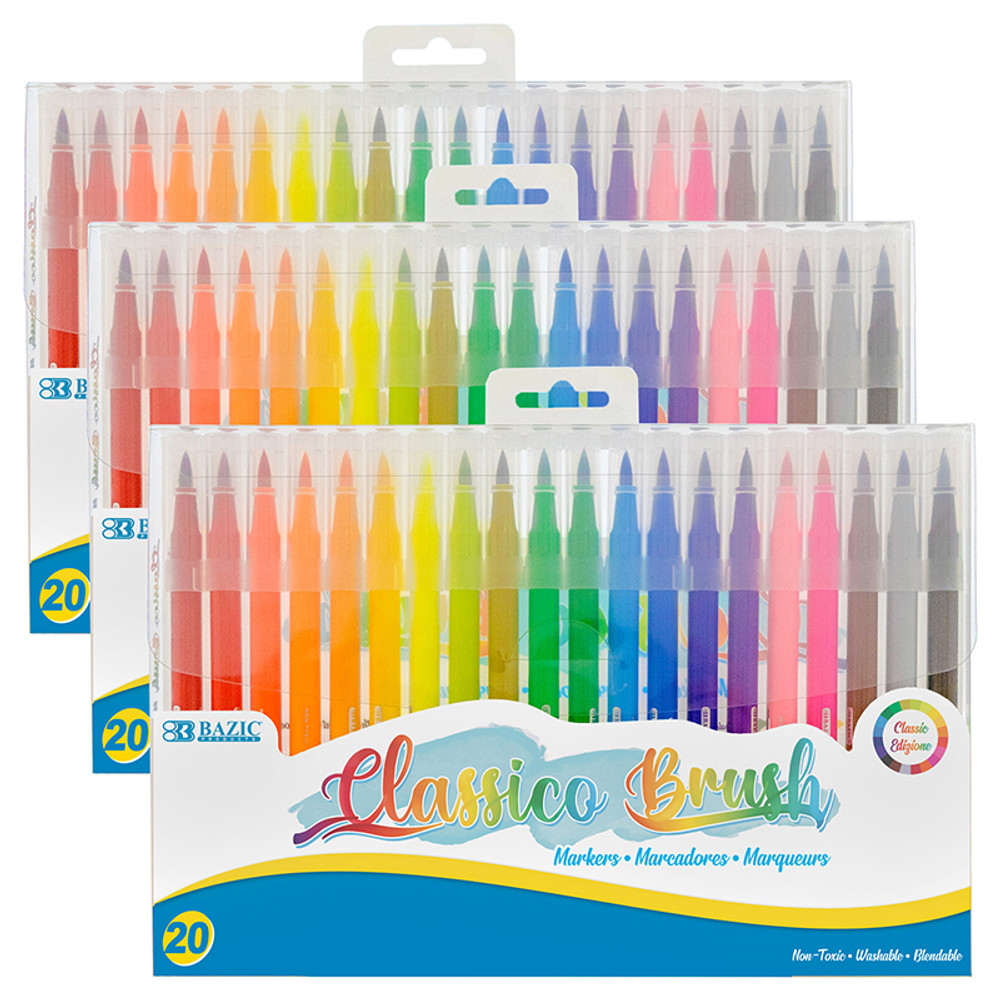 BAZIC PRODUCTS BAZIC Products® Washable Brush Markers, 20 Colors, 20 Per Pack, 3 Packs