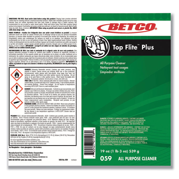 BETCO CORPORATION 0592300 Top Flite Plus All-Purpose Cleaner, 19 oz Aerosol Can, 12/Carton