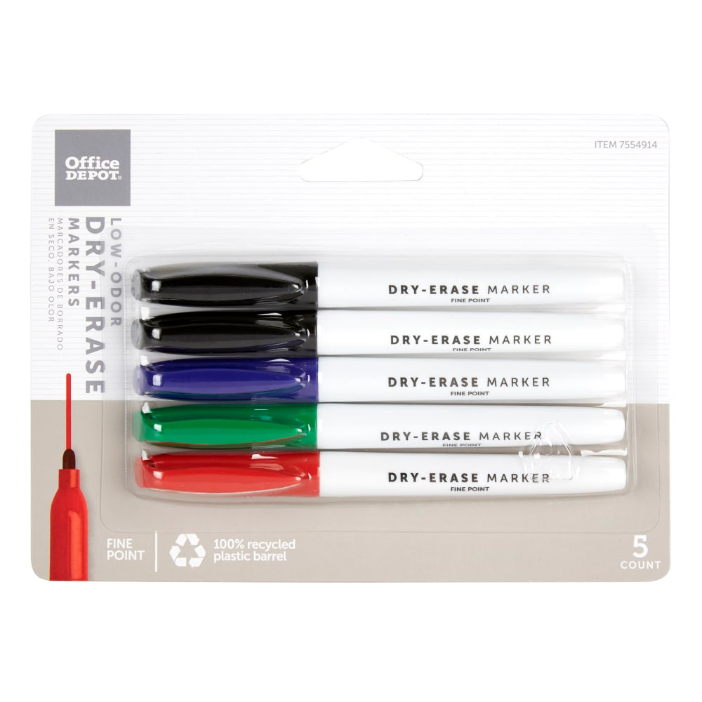 OFFICE DEPOT W-2111A5/ASS  Brand Low-Odor Pen-Style Dry-Erase Markers, Fine Point, 100% Recycled Plastic Barrel, Assorted Colors, Pack Of 5