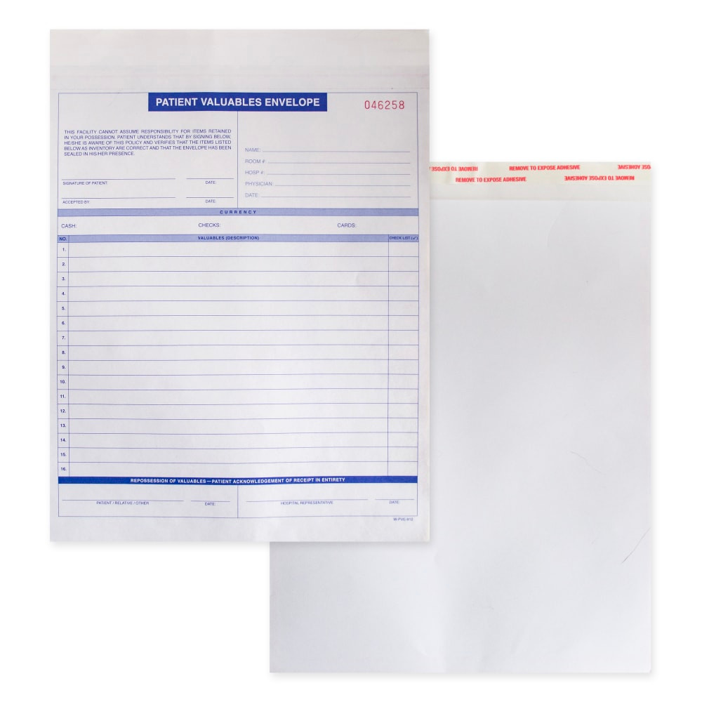 TAYLOR CORP Taylor Corporation W-PVE-912 Patient Valuable Form And Paper Envelope, Sequentially Numbered, 3-Part, 9in x 12in, Pack Of 500 Sets