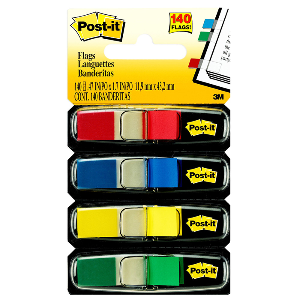 3M COMPANY Post-it® Flags, Assorted Primary Colors, .47 in. Wide, 35 Flags/Dispenser, 4 Dispensers/Pack