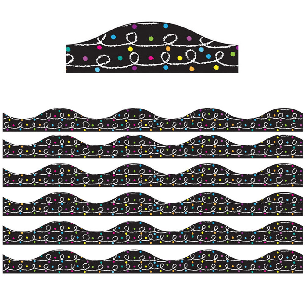 ASHLEY PRODUCTIONS Ashley Productions® Magnetic Scallop Border, White Chalk Loops with Color Chalk Dots on Black, 12 Feet Per Pack, 6 Packs