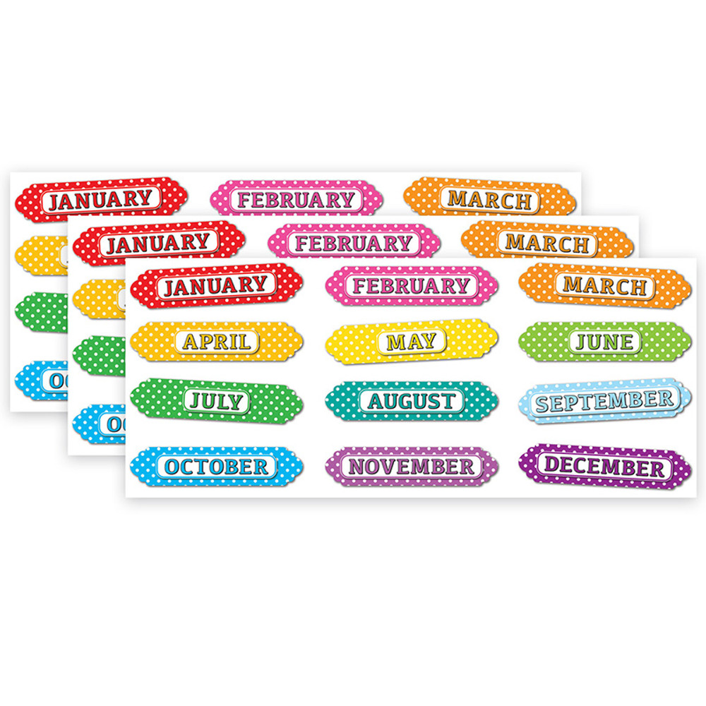 ASHLEY PRODUCTIONS Ashley Productions® Magnetic Die-Cut Timesavers & Labels, Months of the Year, White Polka Dots On Assorted Colors, 12 Per Pack, 3 Packs