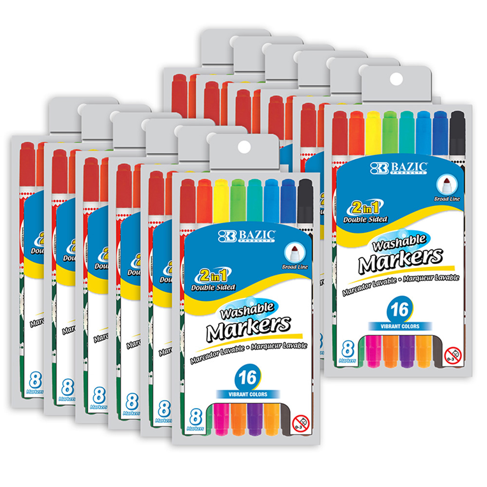 BAZIC PRODUCTS BAZIC Products® Washable Markers, Double-Tip, 16 Colors, 8 Per Pack, 12 Packs