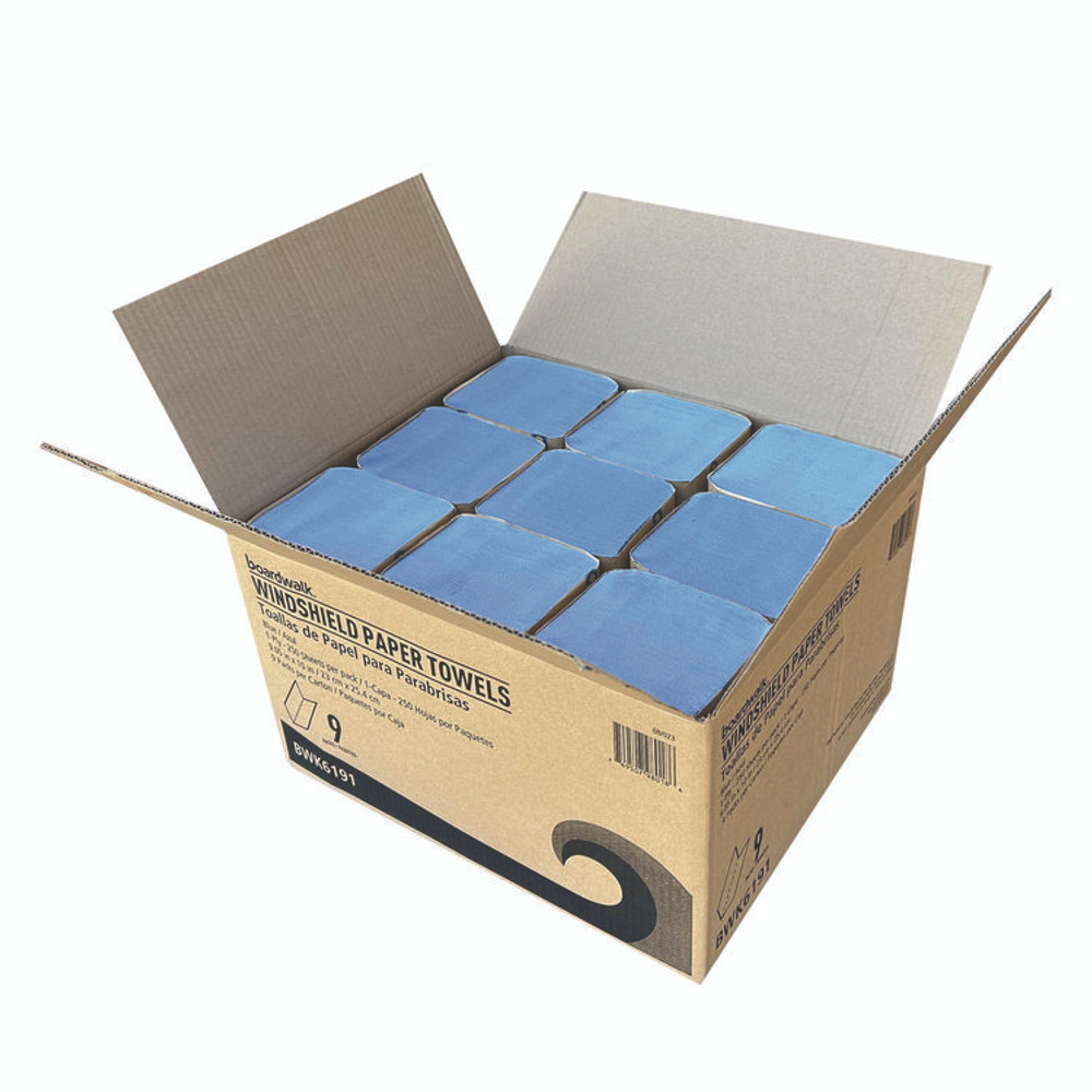 BOARDWALK 6191 Windshield Paper Towels, 9.13 x 10.25, Blue, 250/Pack, 9 Packs/Carton