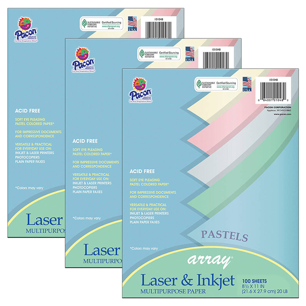 DIXON TICONDEROGA CO Pacon® Pastel Multipurpose Paper Array, 8-1/2" x 11", 100 Sheets Per Pack, 3 Packs