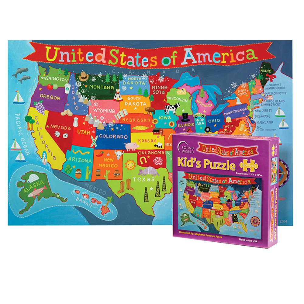 WAYPOINT GEOGRAPHIC Round World Products Kid's Jigsaw Puzzle, United States, 13" x 19", 100 Pieces
