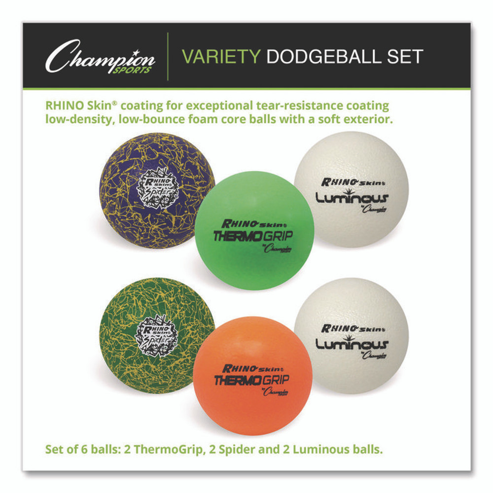 CHAMPION SPORT Sports RXVARIETYSET Rhino Skin Luminous, Spider and ThermoGrip Dodgeball Set, 6.3" Diameter, Assorted Colors, 6/Set