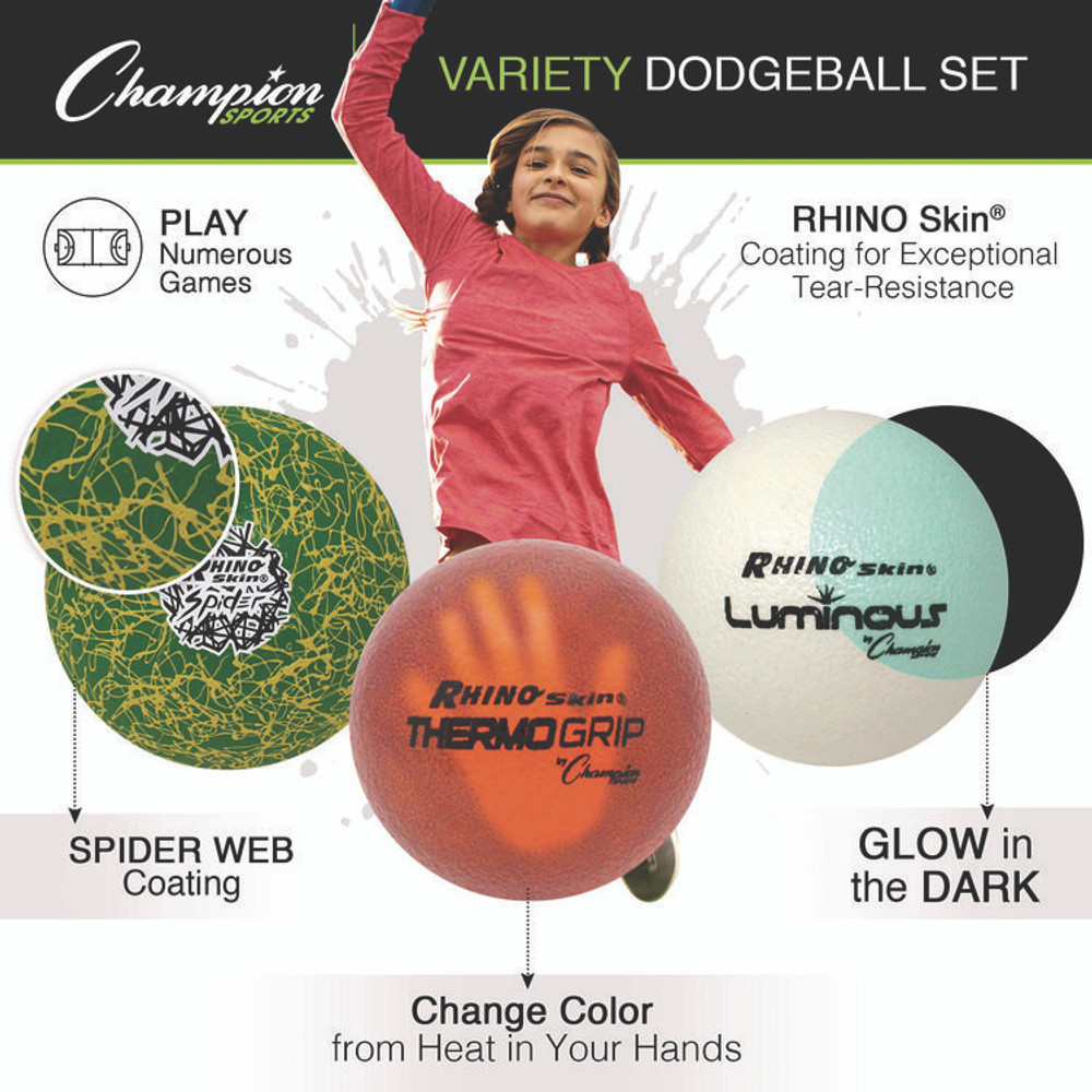 CHAMPION SPORT Sports RXVARIETYSET Rhino Skin Luminous, Spider and ThermoGrip Dodgeball Set, 6.3" Diameter, Assorted Colors, 6/Set