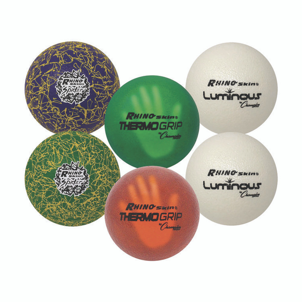 CHAMPION SPORT Sports RXVARIETYSET Rhino Skin Luminous, Spider and ThermoGrip Dodgeball Set, 6.3" Diameter, Assorted Colors, 6/Set
