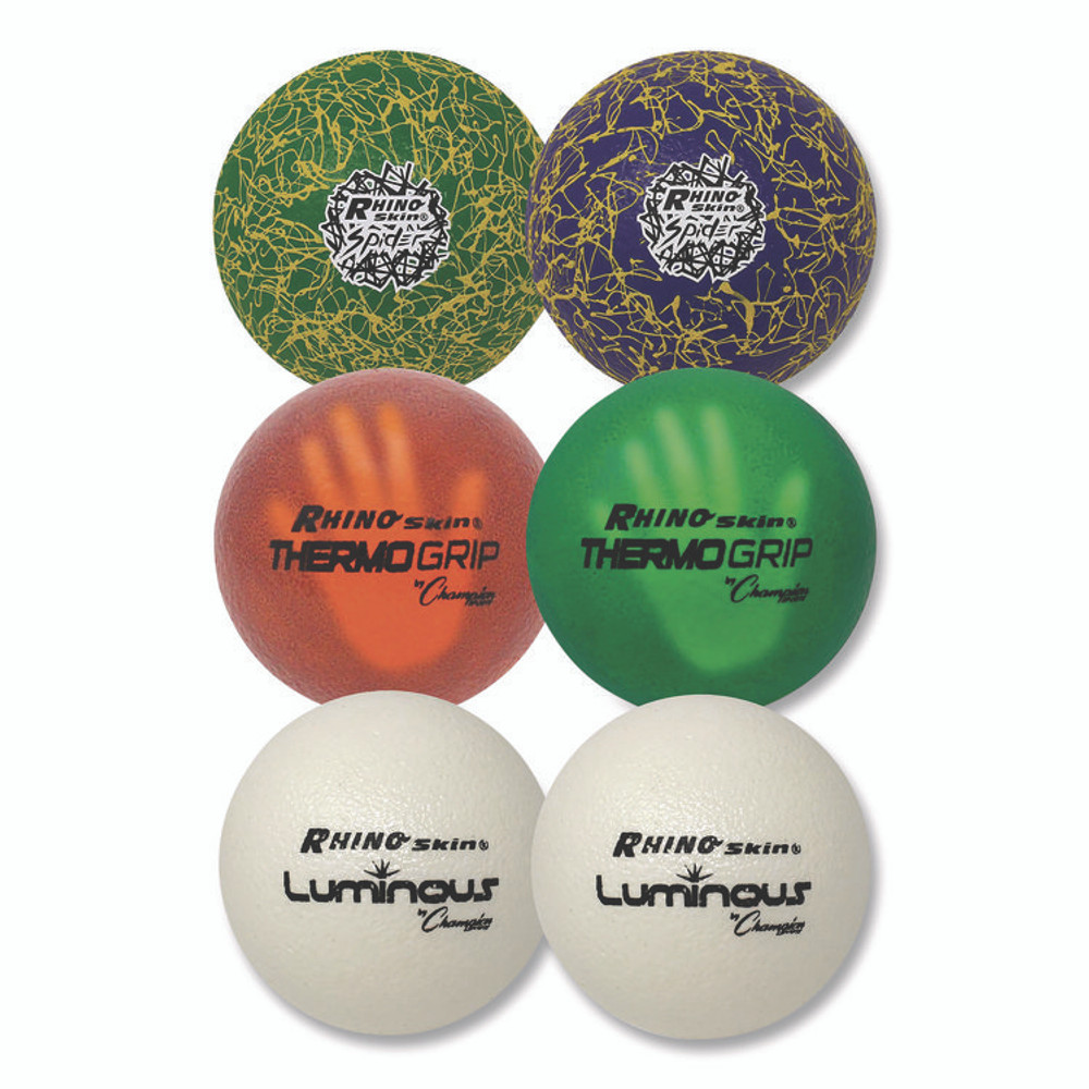 CHAMPION SPORT Sports RXVARIETYSET Rhino Skin Luminous, Spider and ThermoGrip Dodgeball Set, 6.3" Diameter, Assorted Colors, 6/Set