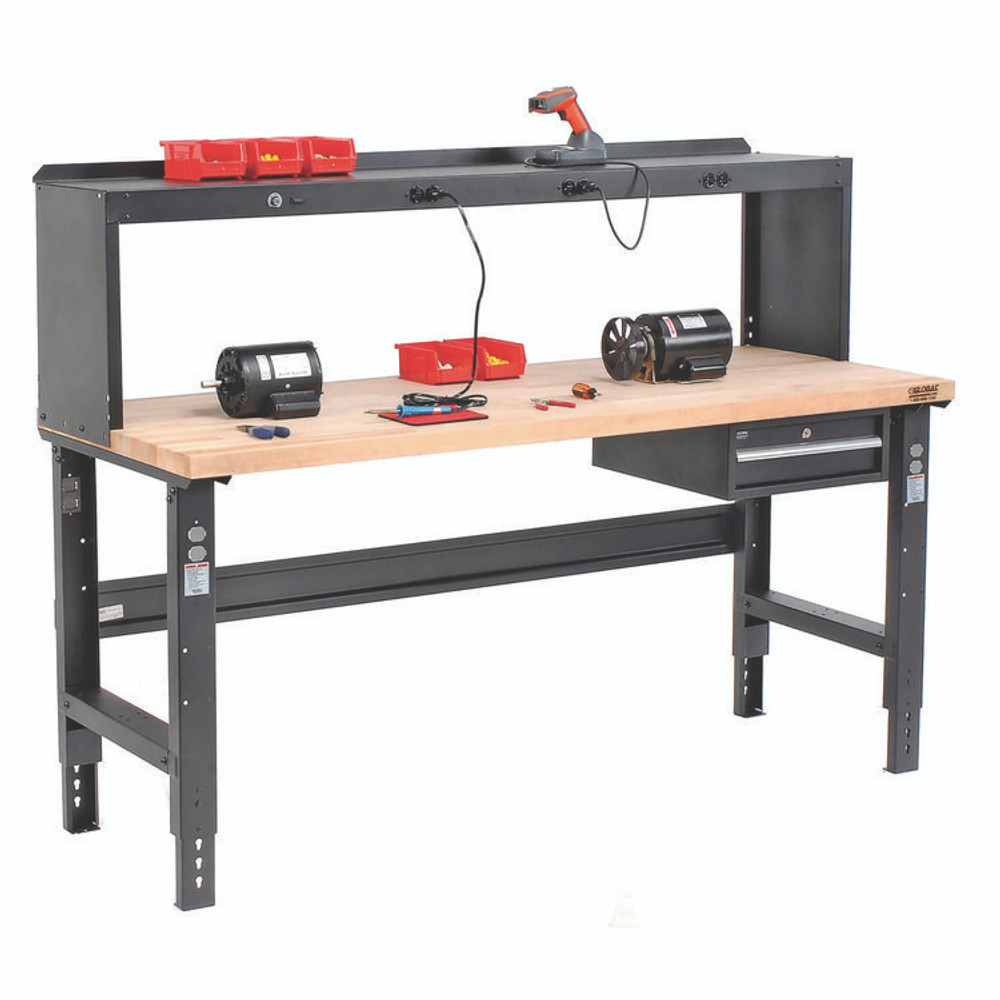 GLOBAL INDUSTRIAL 183168BK Standard Duty Butcher Block Top Adj Height Workbench, 2,000 lbs, 72 x 30 x 30.88 - 36.88, Maple/Black