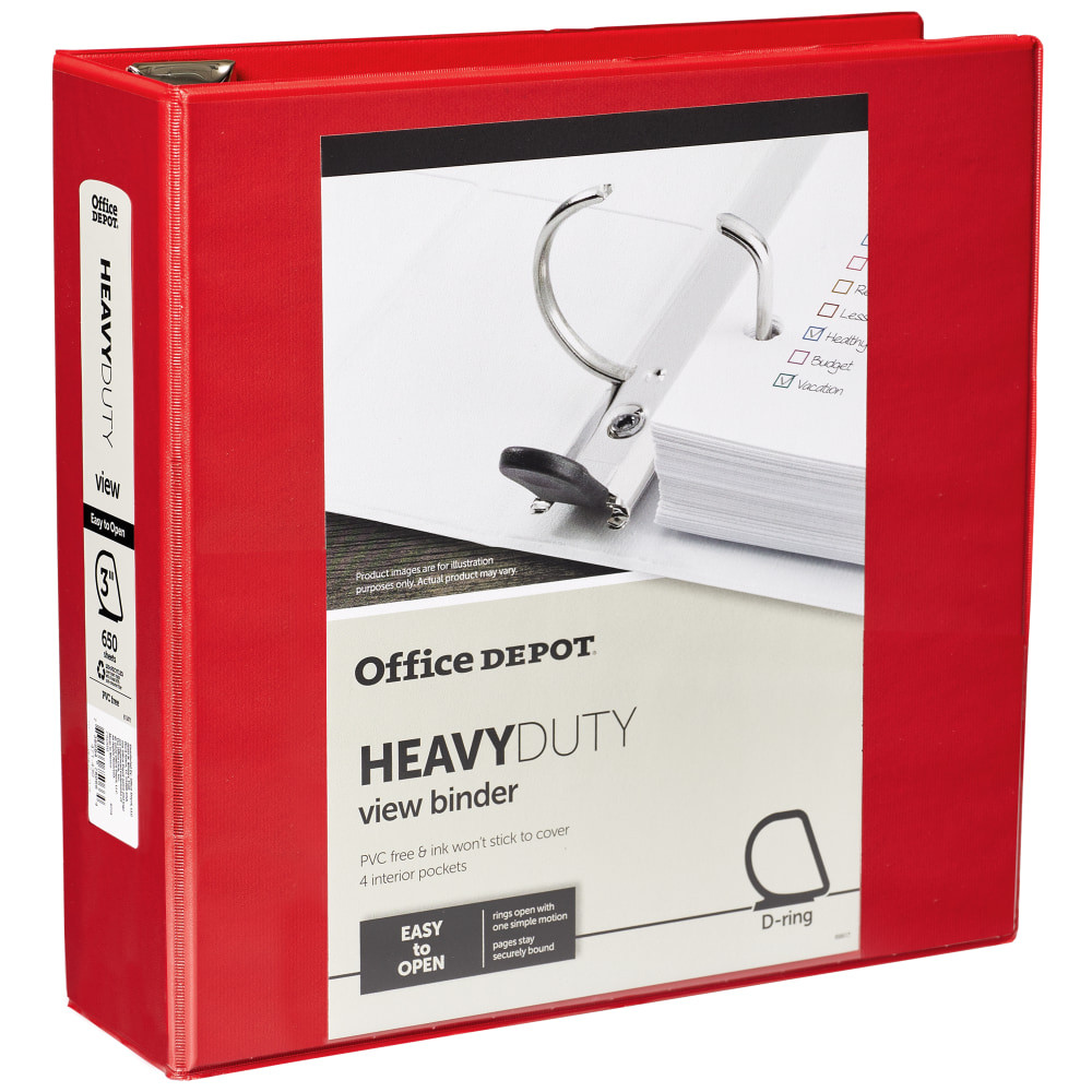 OFFICE DEPOT OD03346  Brand Heavy-Duty View 3-Ring Binder, 3in D-Rings, 49% Recycled, Red