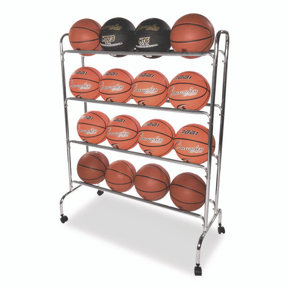 CHAMPION SPORT Sports BRC4 Powder-Coated Ball Cart, Metal, 132 lb Capacity, 17 x 41 x 53, Silver