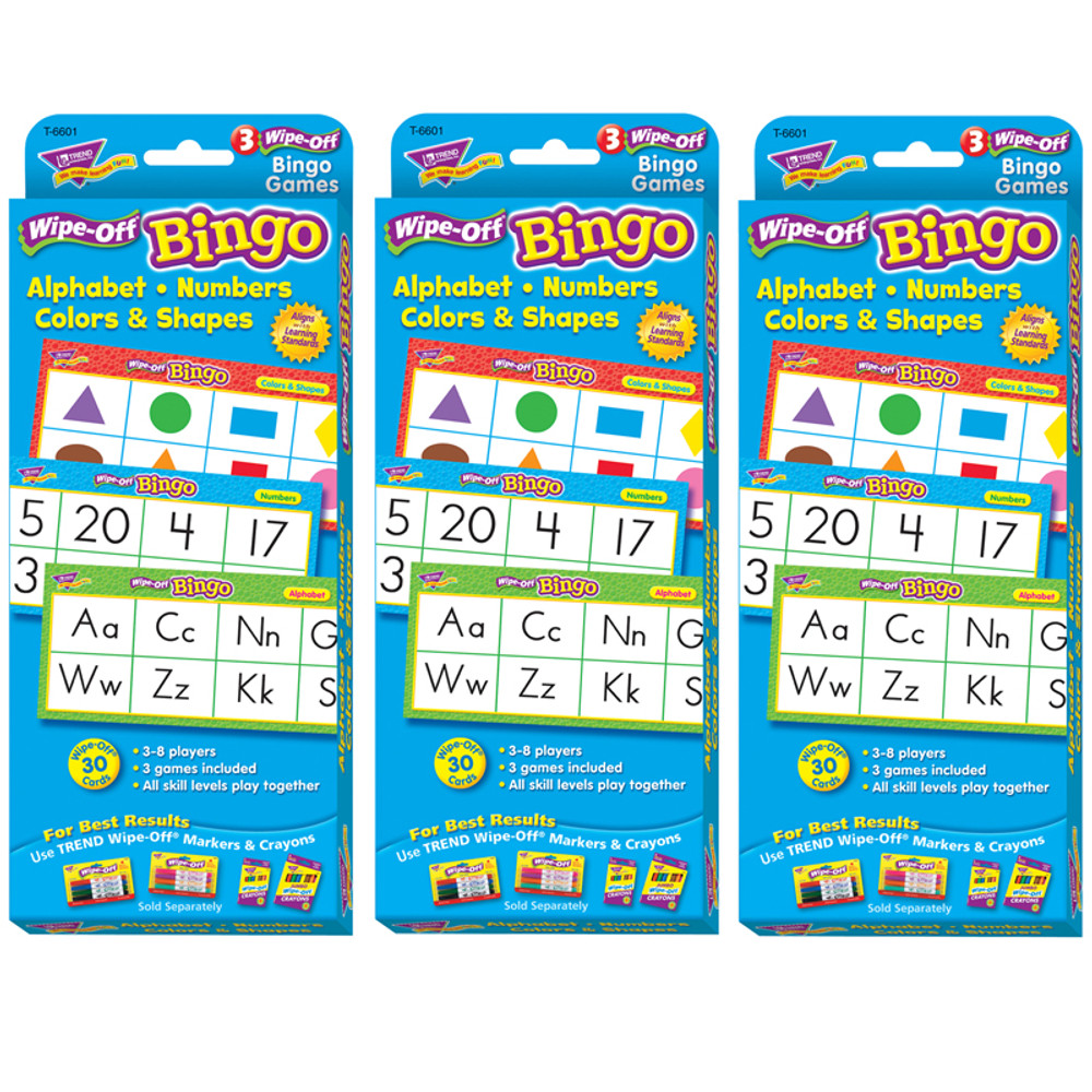 TREND ENTERPRISES INC. TREND Alphabets, Number, Shapes and Colors Wipe-Off Bingo Cards, 3 Packs