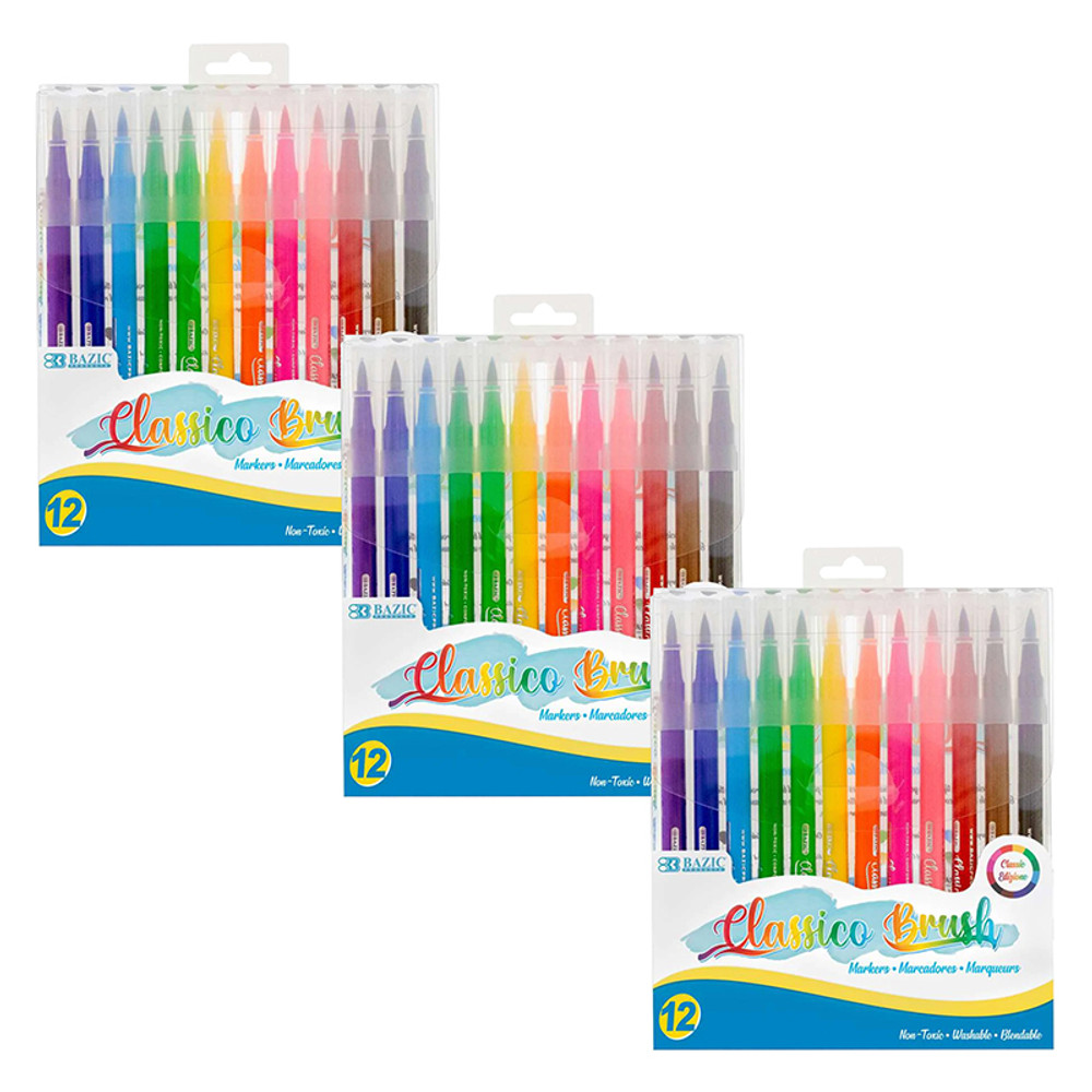 BAZIC PRODUCTS BAZIC Products® Washable Brush Markers, 12 Colors, 12 Per Pack, 3 Packs