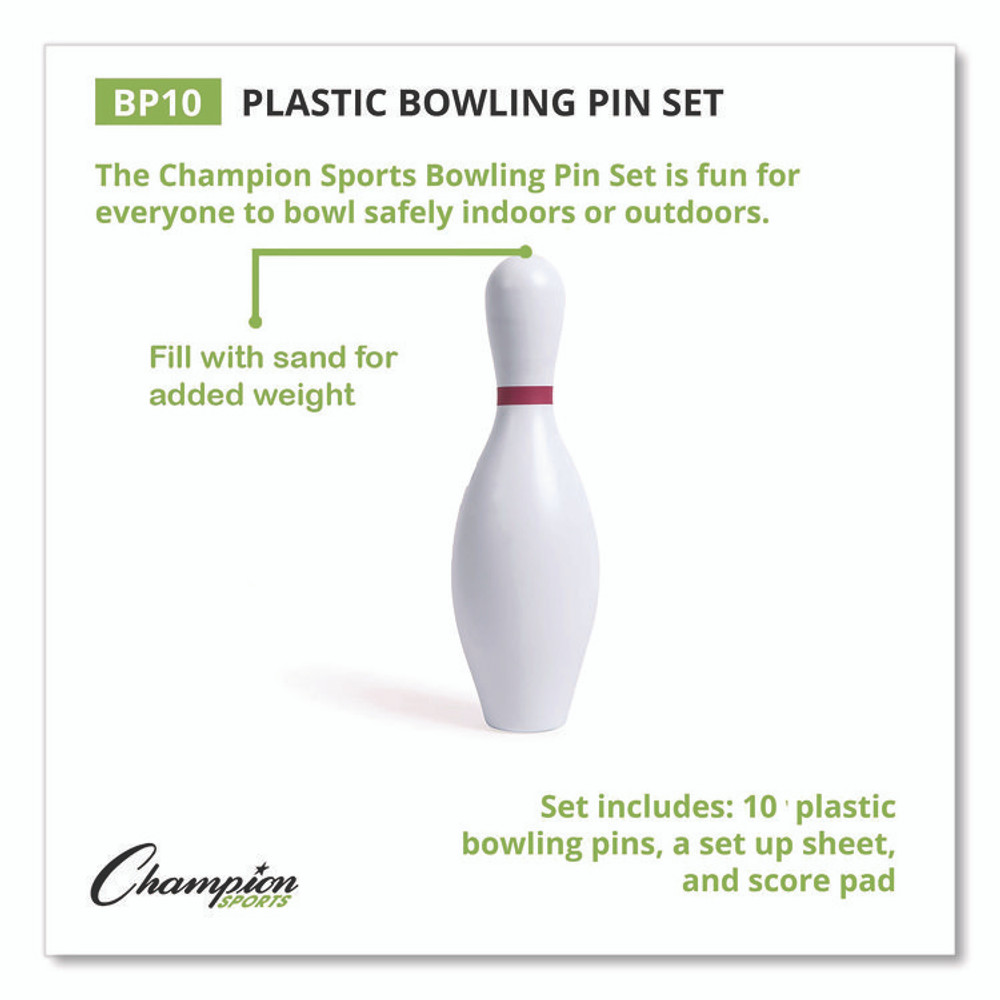 CHAMPION SPORT Sports BP10 Plastic Bowling Pin Set, White, 10/Set