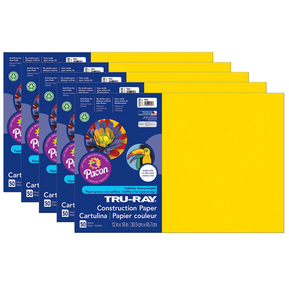 DIXON TICONDEROGA CO Tru-Ray® Construction Paper, Yellow, 12" x 18", 50 Sheets Per Pack, 5 Packs