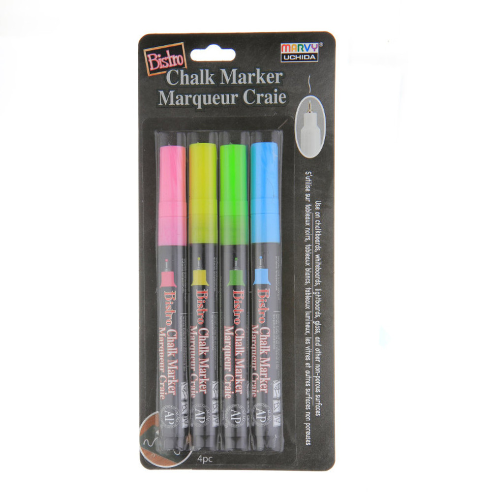 UCHIDA OF AMERICA, CORP Marvy Uchida® Bistro Chalk Markers, Extra Fine Tip 4-Color Set, Fluorescent Pink, Blue, Green, Yellow