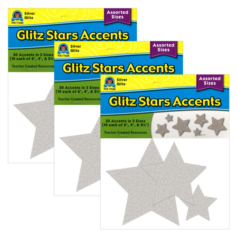 TEACHER CREATED RESOURCES Teacher Created Resources® Silver Glitz Stars Accents, Assorted Sizes, 30 Per Pack, 3 Packs