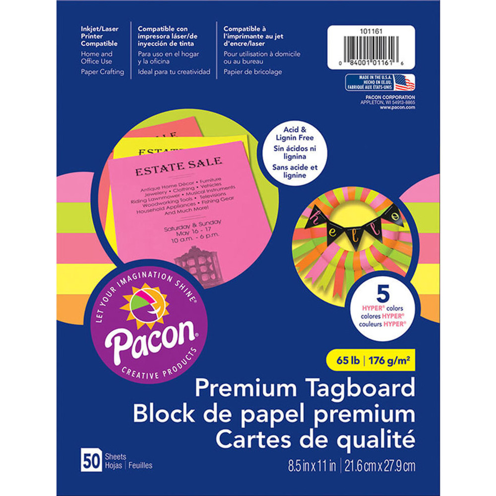 DIXON TICONDEROGA CO Pacon® Premium Tagboard, 5 Assorted Hyper Colors, 8-1/2" x 11", 50 Sheets