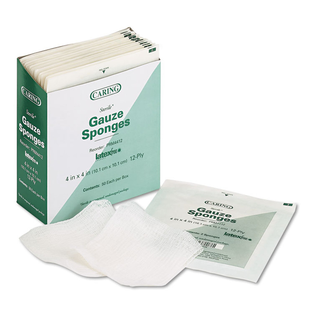 MEDLINE INDUSTRIES, INC. PRM4412 Caring Woven Gauze Sponges, Sterile, 12-Ply, 4 x 4, 1,200/Carton