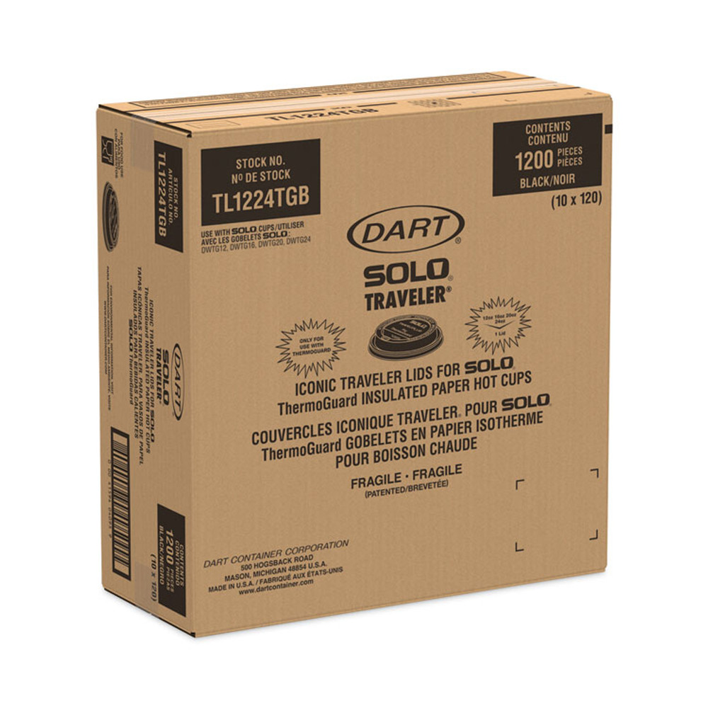 DART SOLO® TL1224TGB Solo Traveler Sip Through Lids for ThermoGuard Hot Cups, Fits 12 oz to 24 oz Hot Cups, Plastic, Black, 1,200/Carton