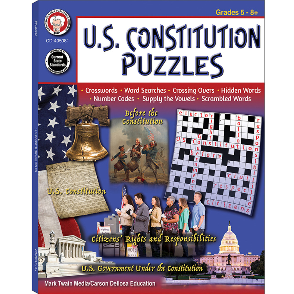 CARSON DELLOSA EDUCATION Mark Twain Media U.S. Constitution Puzzles Workbook, Grades 5-12