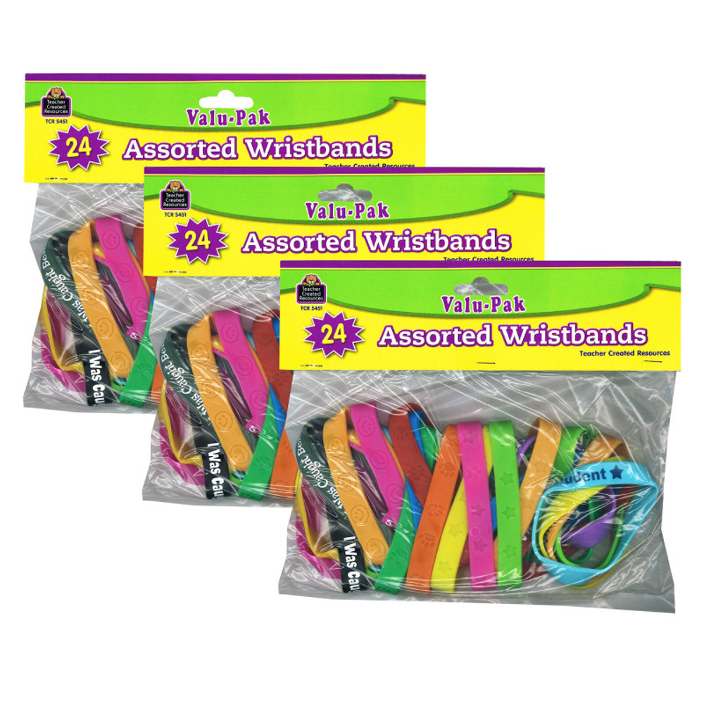 TEACHER CREATED RESOURCES Teacher Created Resources® Wristbands Valu-Pak, Assorted, 24 Per Pack, 3 Packs