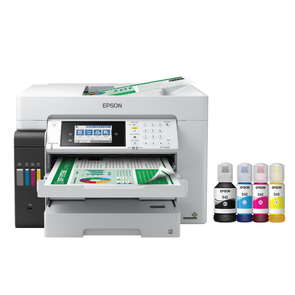 The wide-format EcoTank Pro ET-16600 wireless all-in-one offers fast Cartridge-Free Printing with easy-to-fill supersized ink tanks.  You can save up to 80 percent with low-cost replacement ink bottles vs. standard-capacity color laser toner cartridges - very low cost per page with about 2 cents per color ISO page vs. 14 cents with cartridges.  Fast, wide-format prints and scans - print up to 13in x 19in.  copy and scan up to 11in x 17in.  up to 25 ISO ppm black print speed.  powered by PrecisionCore Heat-Free Technology.  Print-shop quality - Epson DURABrite Inks are pigment-based for crisp, vibrant prints in black-and-white and color that are instant-dry.  borderless prints up to 11in x 17in.  Set of replacement bottles includes enough ink to print up to 7,500 pages black/6,000 color - for fewer out of ink frustrations.  you could save $1,000 with each one.  Less waste - zero-cartridge waste with high-yield ink bottles.  very low energy consumption