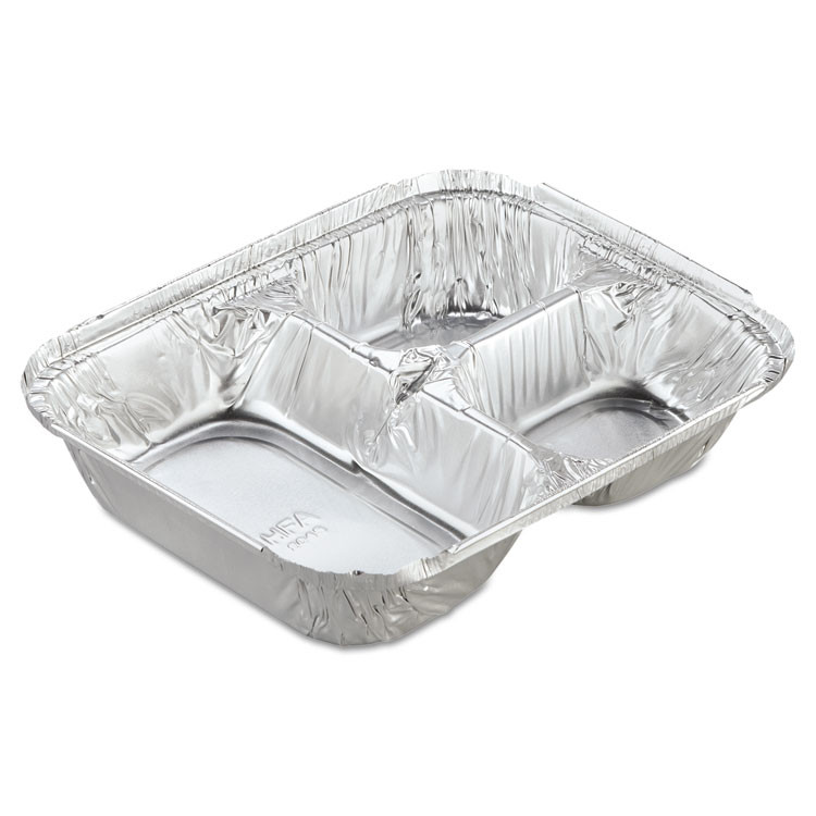 HFA INC 204535-250W Aluminum Oblong Container with Lid, 3 Compartments, 24 oz, 8.5 x 6.38 x 1.47, Silver, 250/Carton