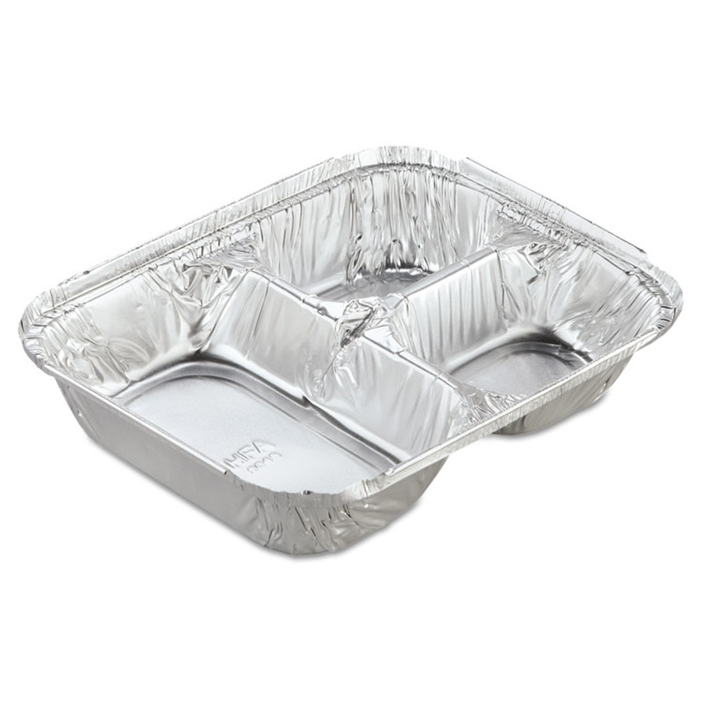 HFA INC 204535-250W Aluminum Oblong Container with Lid, 3 Compartments, 24 oz, 8.5 x 6.38 x 1.47, Silver, 250/Carton
