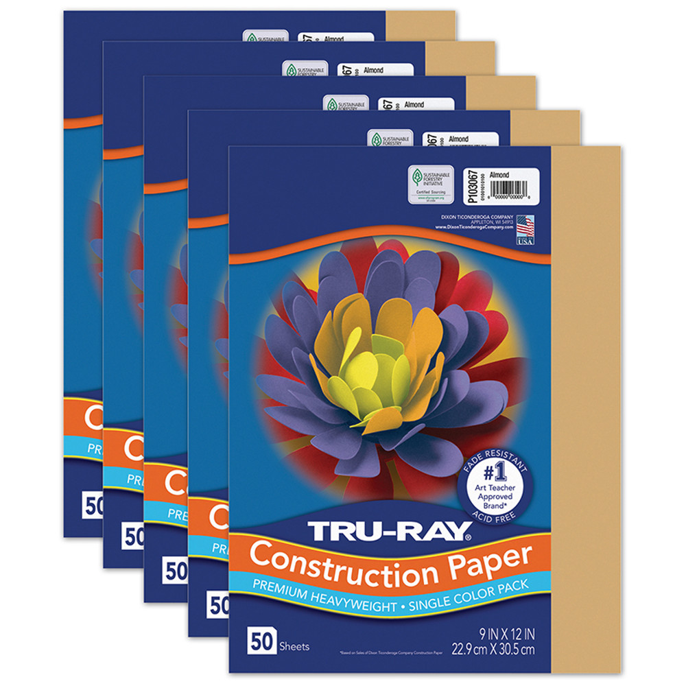 DIXON TICONDEROGA CO Tru-Ray® Fade-Resistant Construction Paper, Almond, 9" x 12", 50 Sheets Per Pack, 5 Packs