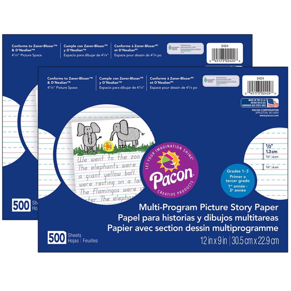 DIXON TICONDEROGA CO Pacon® Multi-Program Picture Story Paper, 1/2" Ruled, White, 12" x 9", 500 Sheets Per Pack, 2 Packs