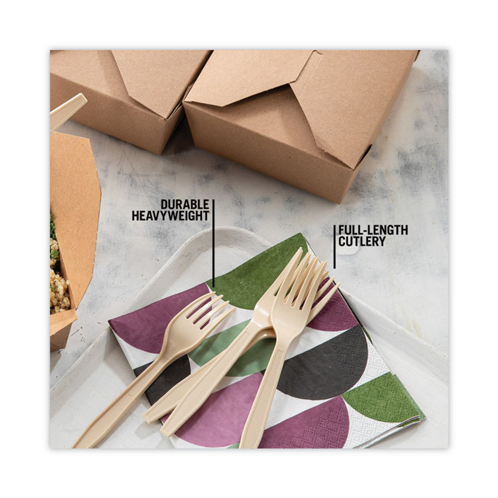 PACTIV EVERGREEN CORPORATION YPSMFTEC EarthChoice PSM Cutlery, Heavyweight Fork, Plastic, Tan, 1,000/Carton