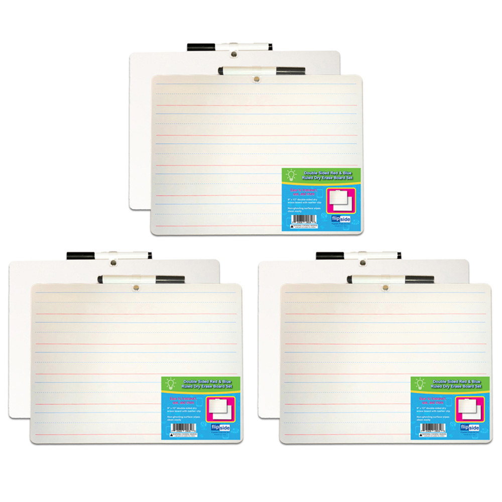 FLIPSIDE Flipside Products Two-Sided Primary Ruled/Blank Dry Erase Board with Attached Marker, 9" x 12", Pack of 3
