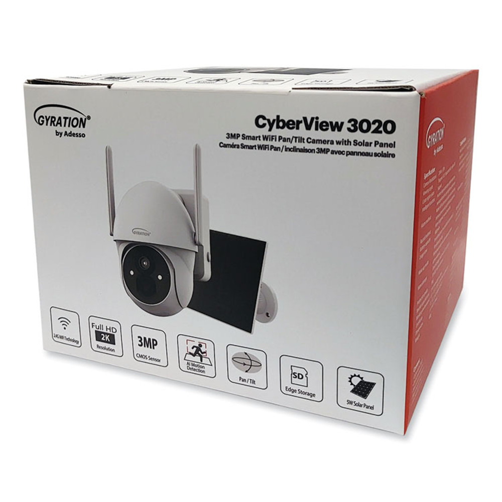 ADESSO INC Gyration® CYBRVIEW3020 Cyberview 3020 3MP Smart WiFi Pan/Tilt Camera with Solar Panel, 2304 x 1296 Pixels