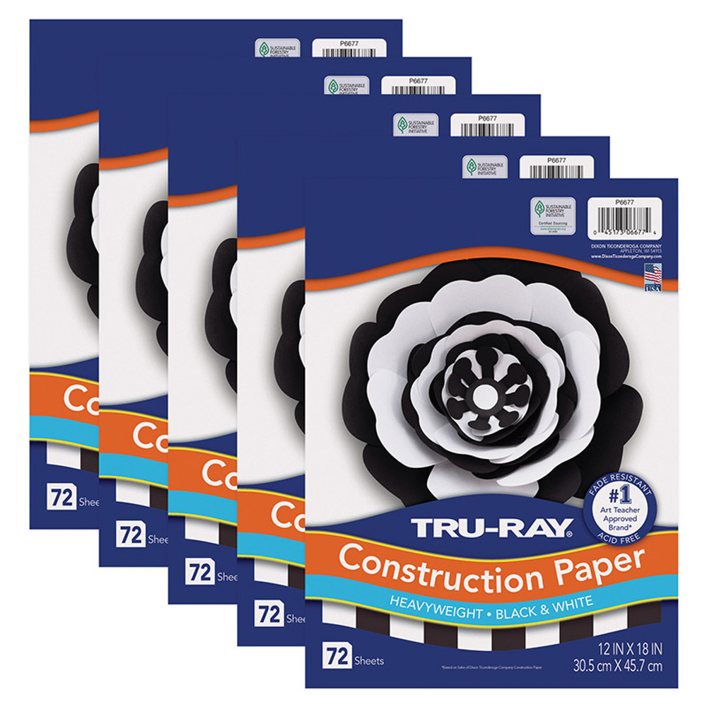 DIXON TICONDEROGA CO Tru-Ray® Premium Construction Paper, Black & White, 12" x 18", 72 sheets Per Pack, 5 Packs