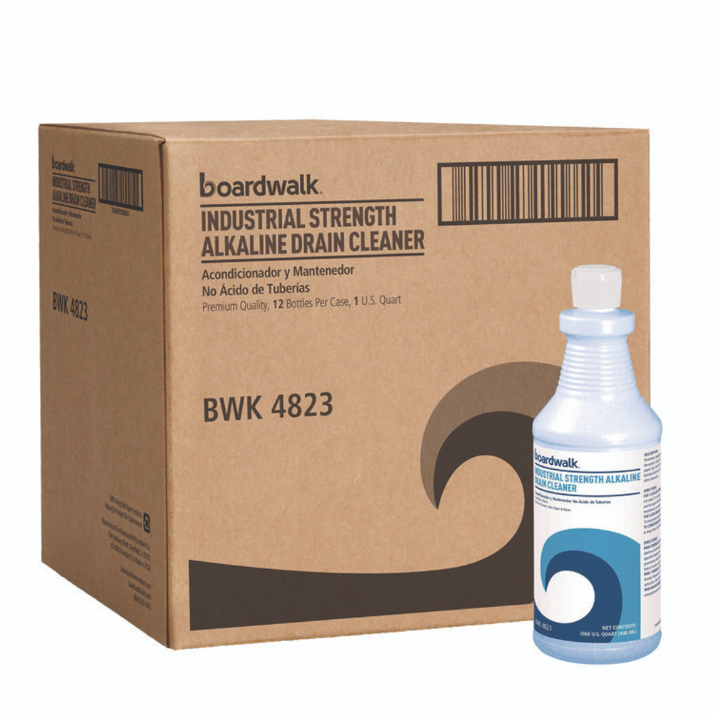 BOARDWALK 4823 Industrial Strength Alkaline Drain Cleaner, 32 oz Bottle, 12/Carton