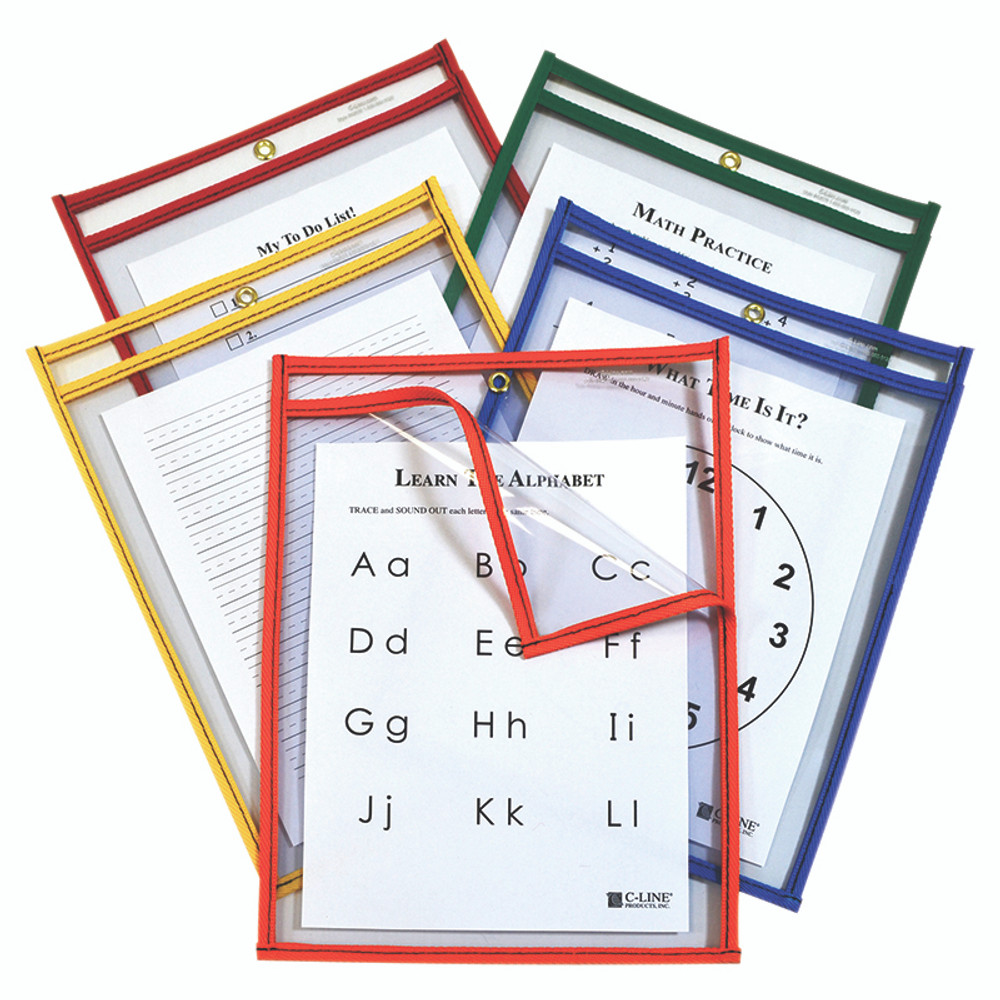 C-LINE PRODUCTS INC C-Line® Super Heavyweight Plus Reusable Dry Erase Pockets - Study Aid, Assorted Primary Colors, 9 x 12, Box of 25