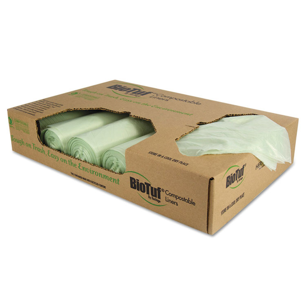 HERITAGE Y8448YER01 Biotuf Compostable Can Liners, 48 gal, 1 mil, 42" x 48", Green, 20 Bags/Roll, 5 Rolls/Carton