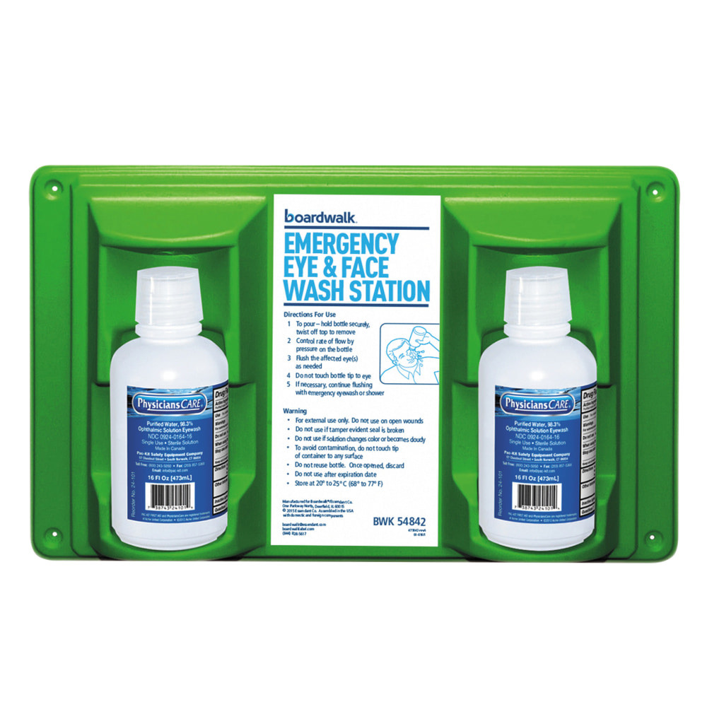 Prepare for emergencies by keeping this Boardwalk Emergency Eyewash Station on hand. The set mounts to your wall, so it can easily be found when needed.  Used to flush or irrigate the eyes in emergency situations.  Eye cup helps you focus the solution into the affected eye.  Mounts to the wall for easy access.  Includes two bottles of eyewash solution.