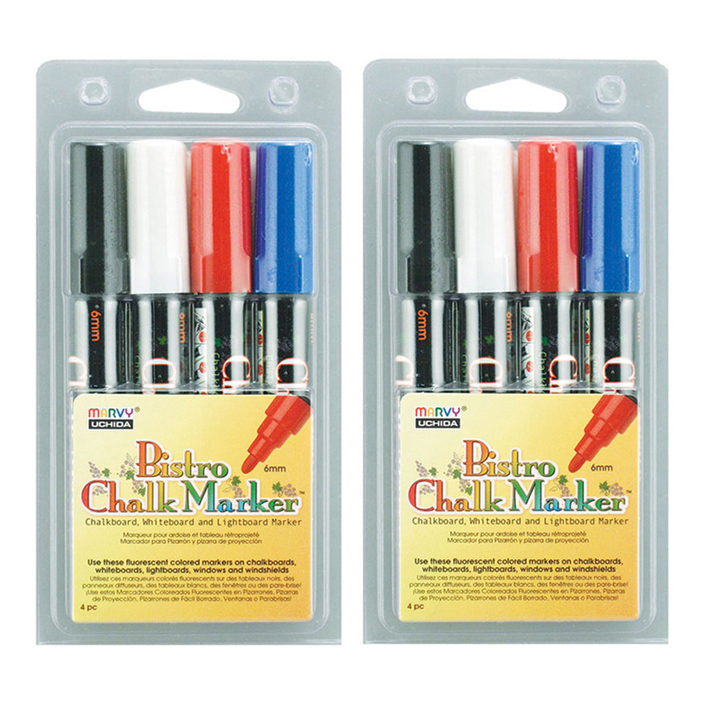 UCHIDA OF AMERICA, CORP Marvy Uchida® Broad Point Chalk Marker Broad Tip Set 4C, Basic Colors, 4 Per Pack, 2 Packs