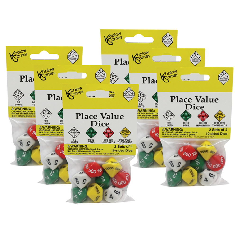 KOPLOW GAMES INC. Koplow Games Place Value Dice, 2 Sets of 4 10-Sided Dice Per Pack, 6 Packs