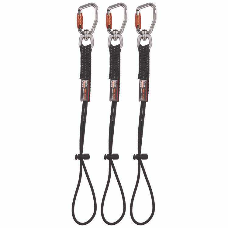 TENACIOUS HOLDINGS, INC. ergodyne® 19766 Squids 3714 Elastic Tool Tail Lanyard w/Carabiner and Cinch Loop, 10 lb Max Working Capacity, 15" Long, Black, 3/Pack
