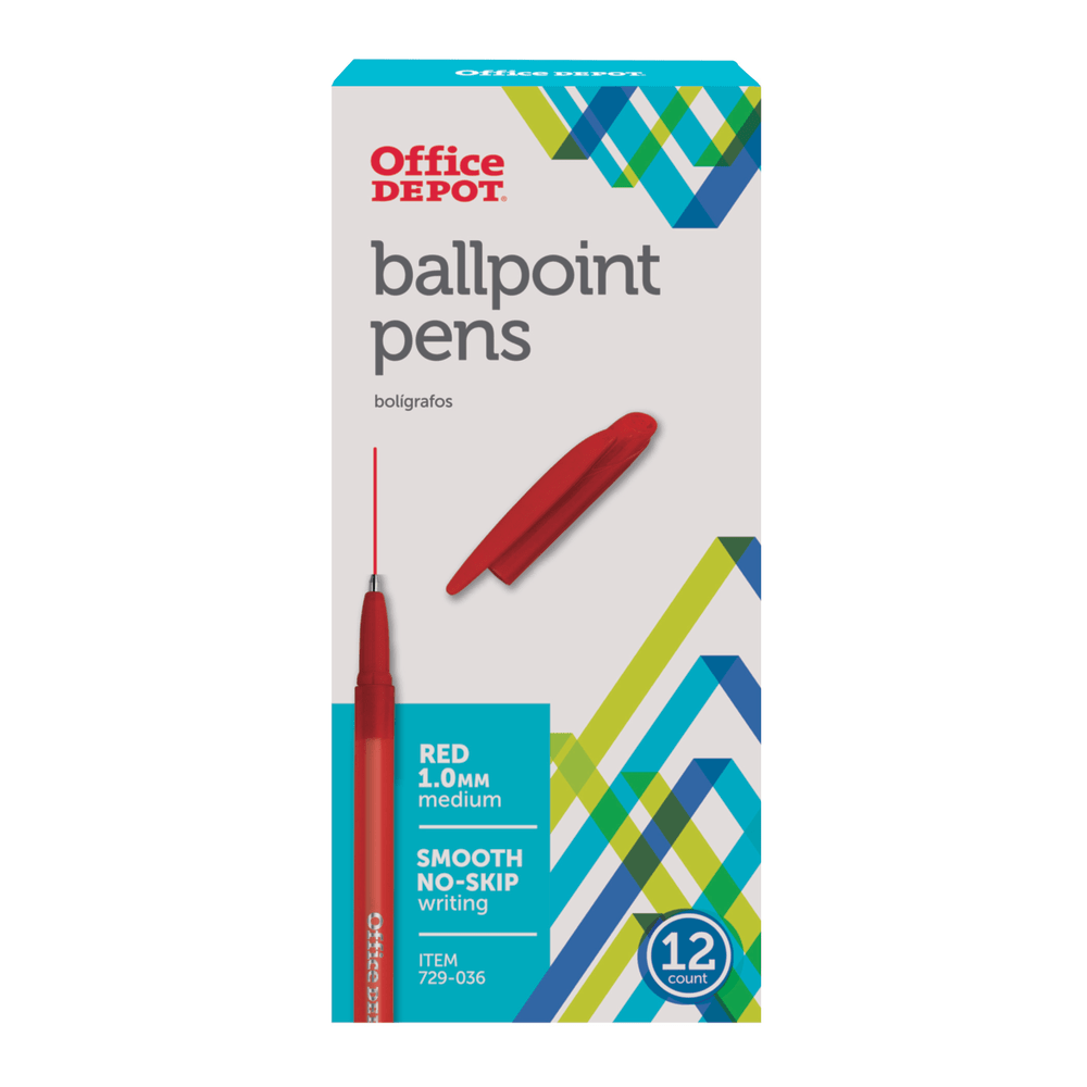 OFFICE DEPOT 1312  Brand Ballpoint Stick Pens, Medium Point, 1.0 mm, Red Barrel, Red Ink, Pack Of 12