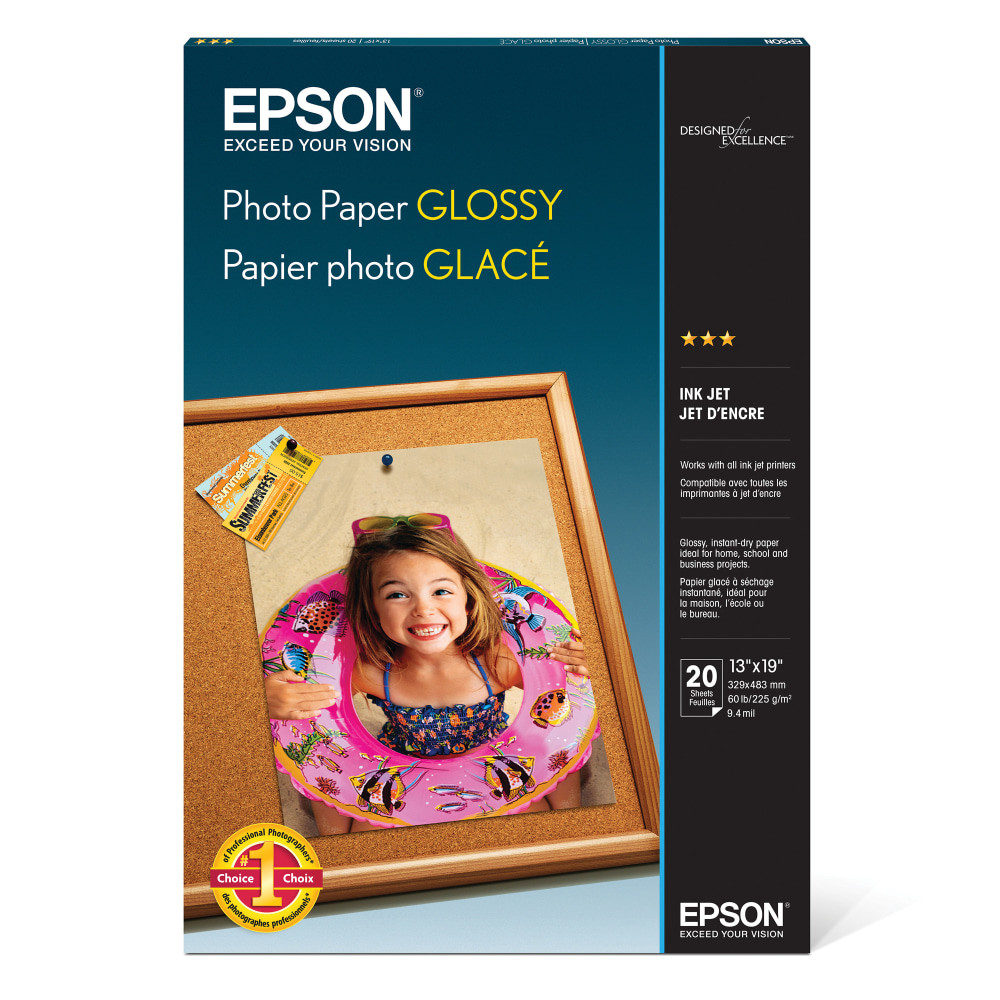 EPSON AMERICA INC. S041143 Epson Glossy Photo Paper, 13in x 19in, Pack Of 20 Sheets