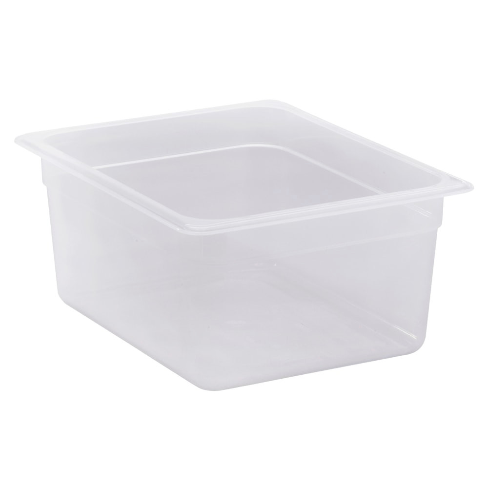 Store, transport and serve food using Cambro Translucent GN 1/2 6in Food Pans. Made of translucent plastic for an easy view of the contents, these restaurant containers make taking stock of your inventory simple.  Durable plastic construction is chemical and impact resistant.  Uniform 1/2in flange allows secure placement in most prep tables and food bars.  Withstands temperatures from -40 deg. to 160 deg..  Molded graduation marks in standard and metric units simplify measuring.  Non-stick interior easily releases food.  Textured bottom minimizes scratching damage.  Stackable design helps conserve storage space.  Dishwasher safe for easy cleaning.  NSF listed.  Includes 6 food pans.