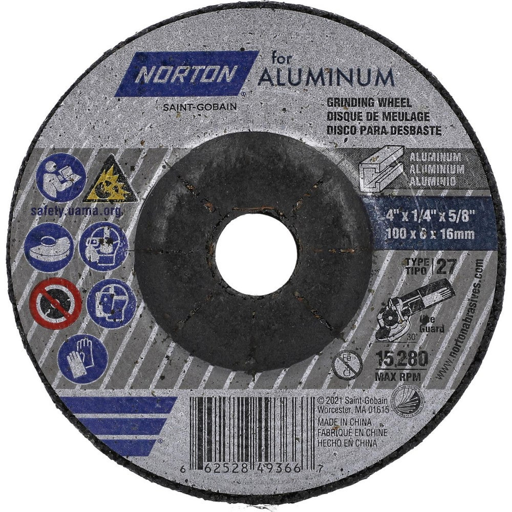 Norton 66252849366 Depressed-Center Wheels; Wheel Diameter (Inch): 4 ; Wheel Thickness (Inch): 1/4 ; Wheel Thickness (Decimal Inch): 0.2500 ; Hole Size: 5/8 (Inch); Wheel Type: Type 27 ; Abrasive Material: Aluminum Oxide