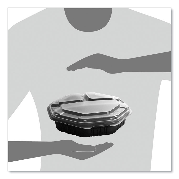 DART SOLO® 809014PP94 OctaView Hinged-Lid Hot Food Containers, 3 Compartments, 38 oz, 9.55 x 9.1 x 2.4, Black/Clear, Plastic, 100/Carton